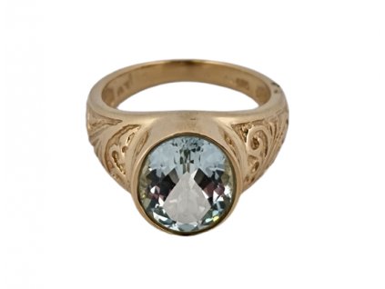 1. Zlatý prsten gravírovaný s akvamarínem starožitný prsten akvamarín starožitné šperky Antik Kureš starožitnosti antique ring anique jewellery aquamarin