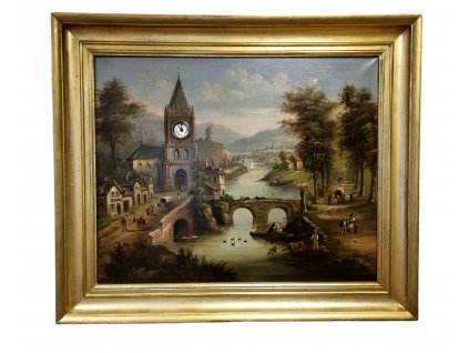 1. OBRAZOVÉ HODINY Most přes řeku s kostelem s hracím strojem rarita antique clock painting Antik Kureš starožitné hodiny obrazy