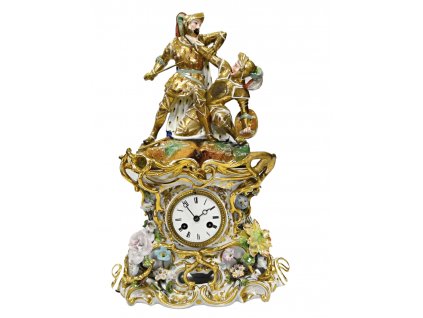 1. Hodiny stolní porcelánové souboj rytířů Antik Kureš starožitné hodiny antique clock porcelain