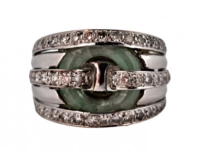 1. Zlatý prsten s diamanty a jadeitem prsten z bílého zlata prsten s drahokamy prsten s jadeitem nefritem jadeit nefrit starožitný prsten starožitné šperky Antik Kureš prsten