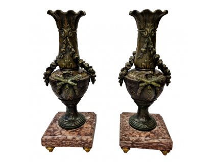 1. Starožitné párové vázy s mramorovým podstavcem starožitné vázy mramorové vázy starožitná váza starožitnosti Antik Kureš zdobené vázy kovové vázy
