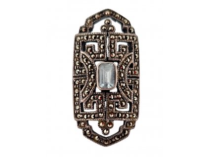 1. Stříbrný starožitný prsten art deco art deco šperky starožitné šperky starožitný šperk art deco spinel modrý kámen markazity Antik Kureš starožitnosti artdecové šperky