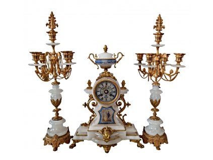 1. Starožitné stolní alabastrové hodiny se svícny starožitné hodiny starožitnosti Antik Kureš krbové hodiny bronzové hodiny malované hodiny párové svícny bílé alabastrové