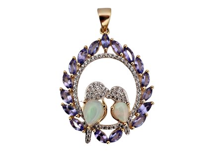 1. Starožitný zlatý stříbrný přívěsek opálový přívěsek tanzanitový přívěsek starožitné šperky starožitný šperk Antik Kureš opálové šperky tanzanit tanzanitové šperky ptáčci ptáci