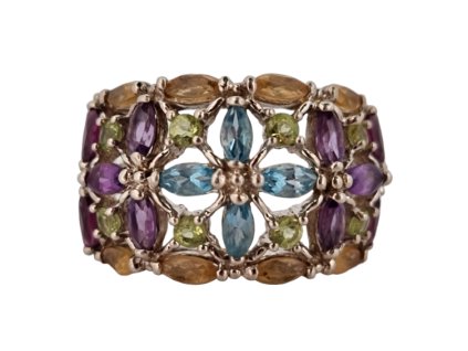 1. Starožitný stříbrný prsten s drahokamy duhový barevný prsten starožitné prsteny starožitné šperky Antik Kureš prsten s topazem granátem citrínem ametystem olivínem