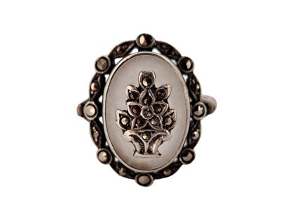 1. Starožitný stříbrný prsten s markazity kytice květina květinový prsten starožitný prsten art deco prsten starožitné šperky art deco šperky Antik Kureš starožitnosti