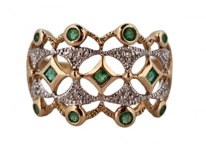 1. Zlatý starožitný prsten se smaragdy a diamanty smaragdový prsten diamantový prsten starožitný prsten starožitné prsteny starožitné šperky Antik Kureš krajkový prsten
