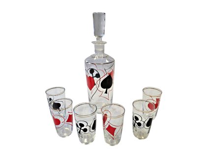 1. Starožitný likérový set hrací karty René Roubíček starožitné sklo starožitná likérová souprava starožitnosti Antik Kureš starožitná karafa starožitné sklenice