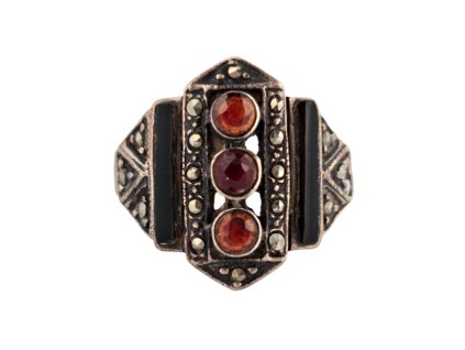 1. Stříbrný art deco prsten s granáty onyxy markazity starožitný prsten starožitné prsteny art deco prsten art deco prsteny starožitné šperky starožitný šperk Antik Kureš