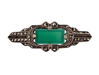 1. Starožitná art deco brož s markazity a chryzoprasem starožitná brož chryzopras starožitný šperk starožitné šperky starožitnosti Antik Kureš šperky s chryzoprasem art deco