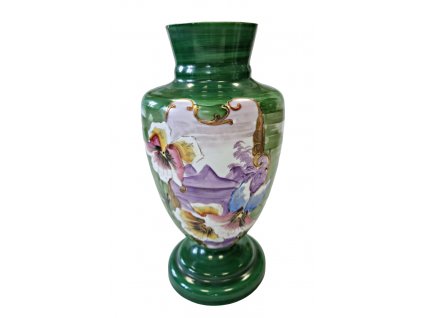Zelená váza macešky Antik Kureš starožitné sklo I.