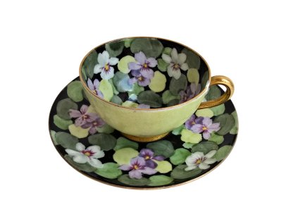 1 starozitny porcelanovy salek hrnek hrnicek fialovy zeleny kvetinovy s maceskami masecky thun thuny czechoslovakia art deco antik kures starozitny salek salky porcelan
