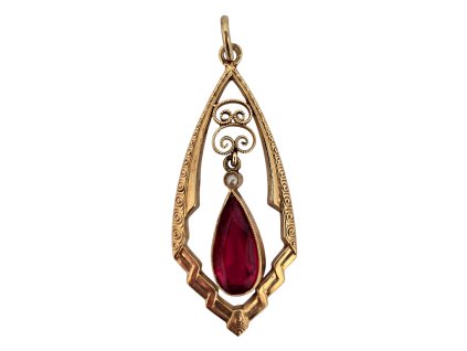 1. Starozitny secesni zlaty prives privesek s rubinem perlou rubin perla secesni sperky starozitne sperky art deco sperky Antik Kureš antik sperky zlate secesni nahrdelnik
