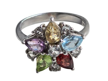 1. Starožitný prsten s drahokamy starožitné prsteny starožitné šperky antik šperky antik prsteny duhový prsten antik kureš s drahými kameny květina kytička starožitnosti