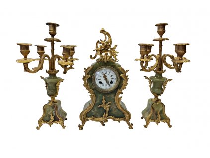 Hodiny se svícny zelený onyx Antik Kureš starožitné hodiny I.