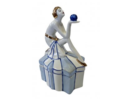 Dóza Art Deco žena s koulí Antik Kureš starožitný porcelán I.