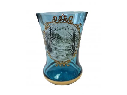 Modrá sklenice malovaná zimní krajina Antik Kureš starožitné sklo I.