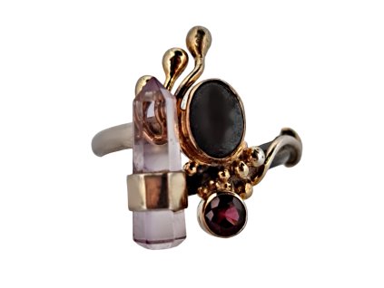 1. Autorský prsten krystal ametyst magnetit turmalín ametystový prsten starožitné prsteny starožitný prsten starožitné šperky starožitný šperk Antik Kureš prsten s drahokamy