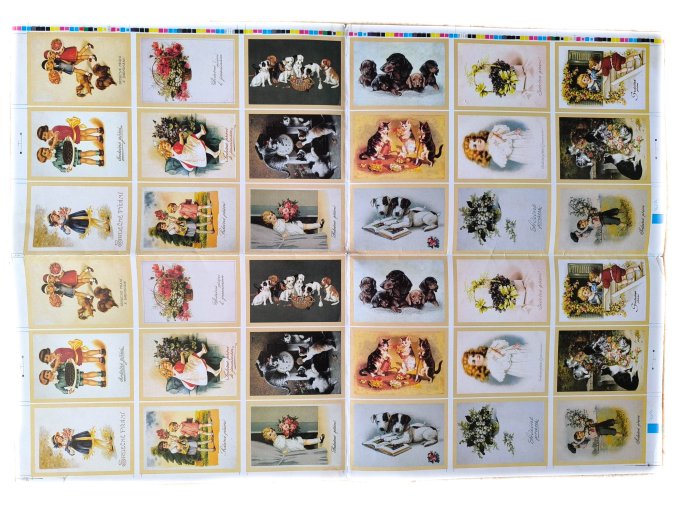 Nerozřezaný arch retro pohlednic Srdečné přání