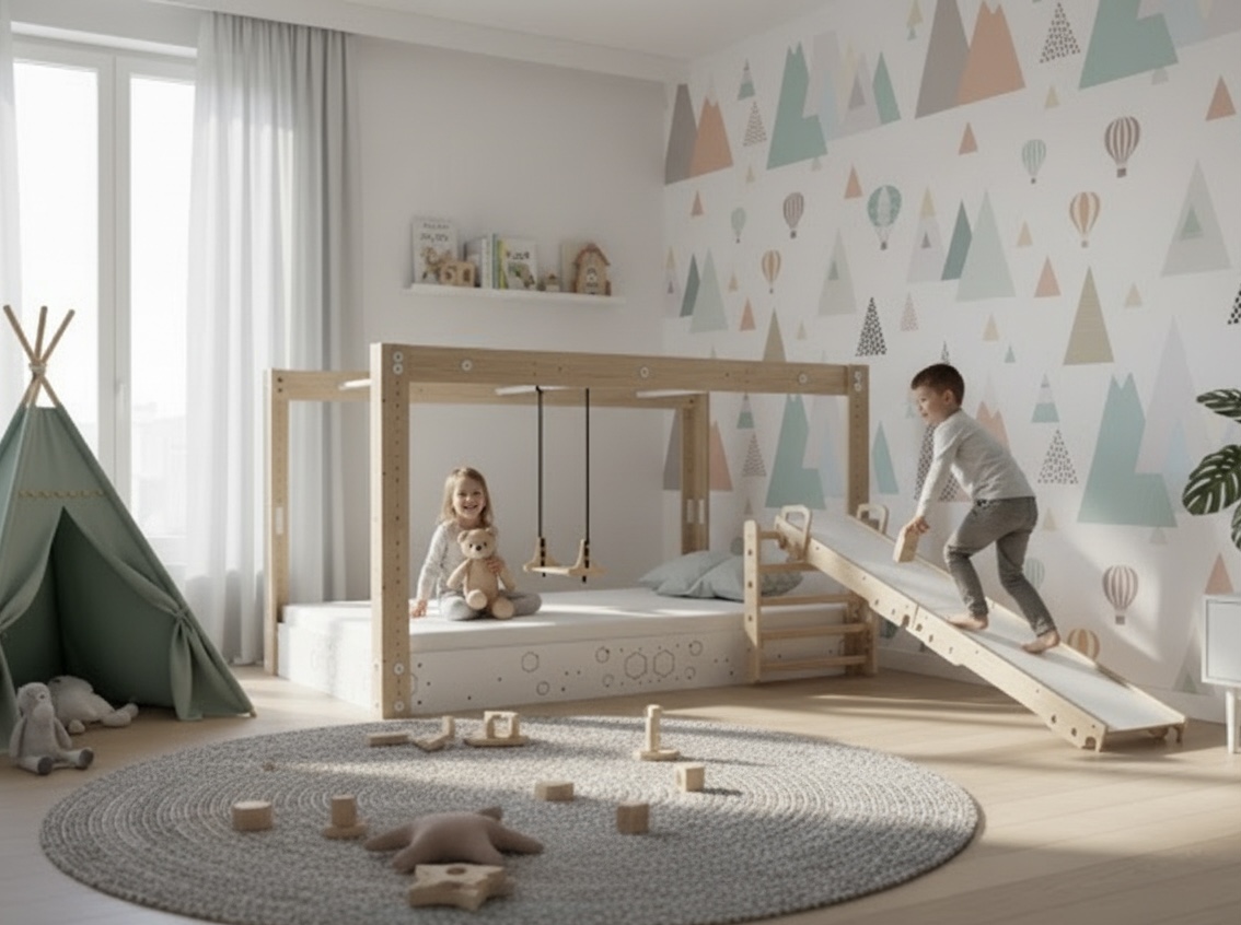 Rastúca posteľ MANU ako hracia plocha vrátane šmýkačky Š120 Antonie Emma
