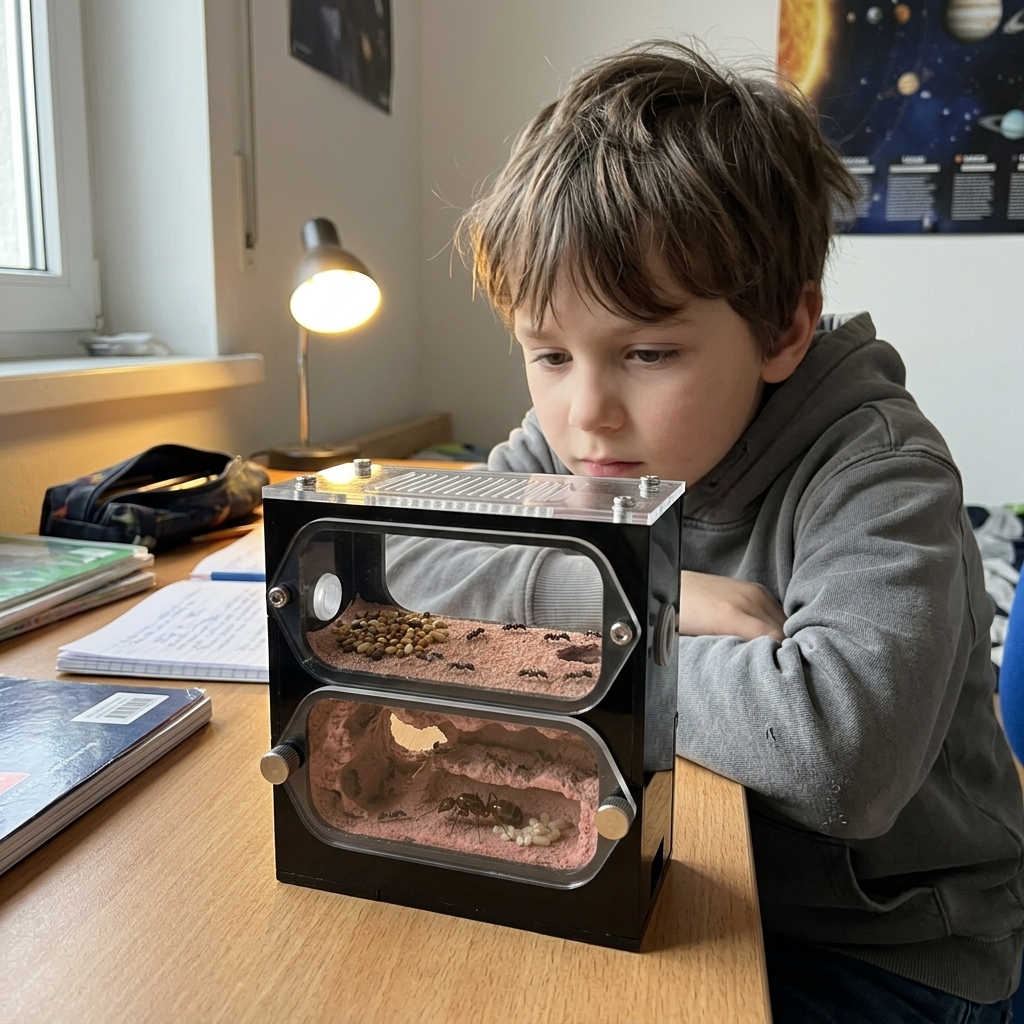 Dítě fascinované mravenčí farmou