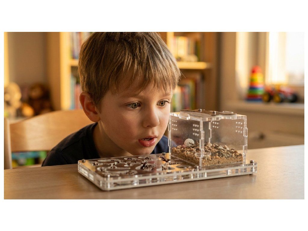 Dítě fascinované mravenčí farmou