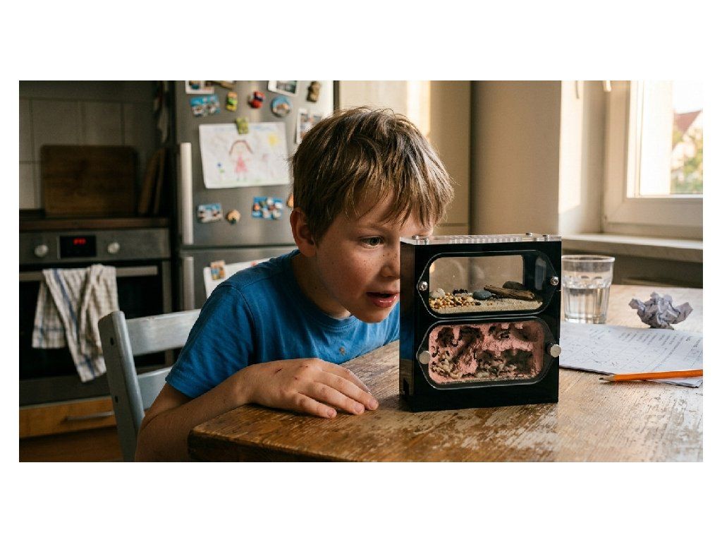 Dítě fascinované mravenčí farmou