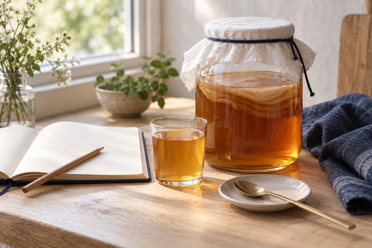 Vzorek kombuchy vedle fermentační nádoby a zápisníku