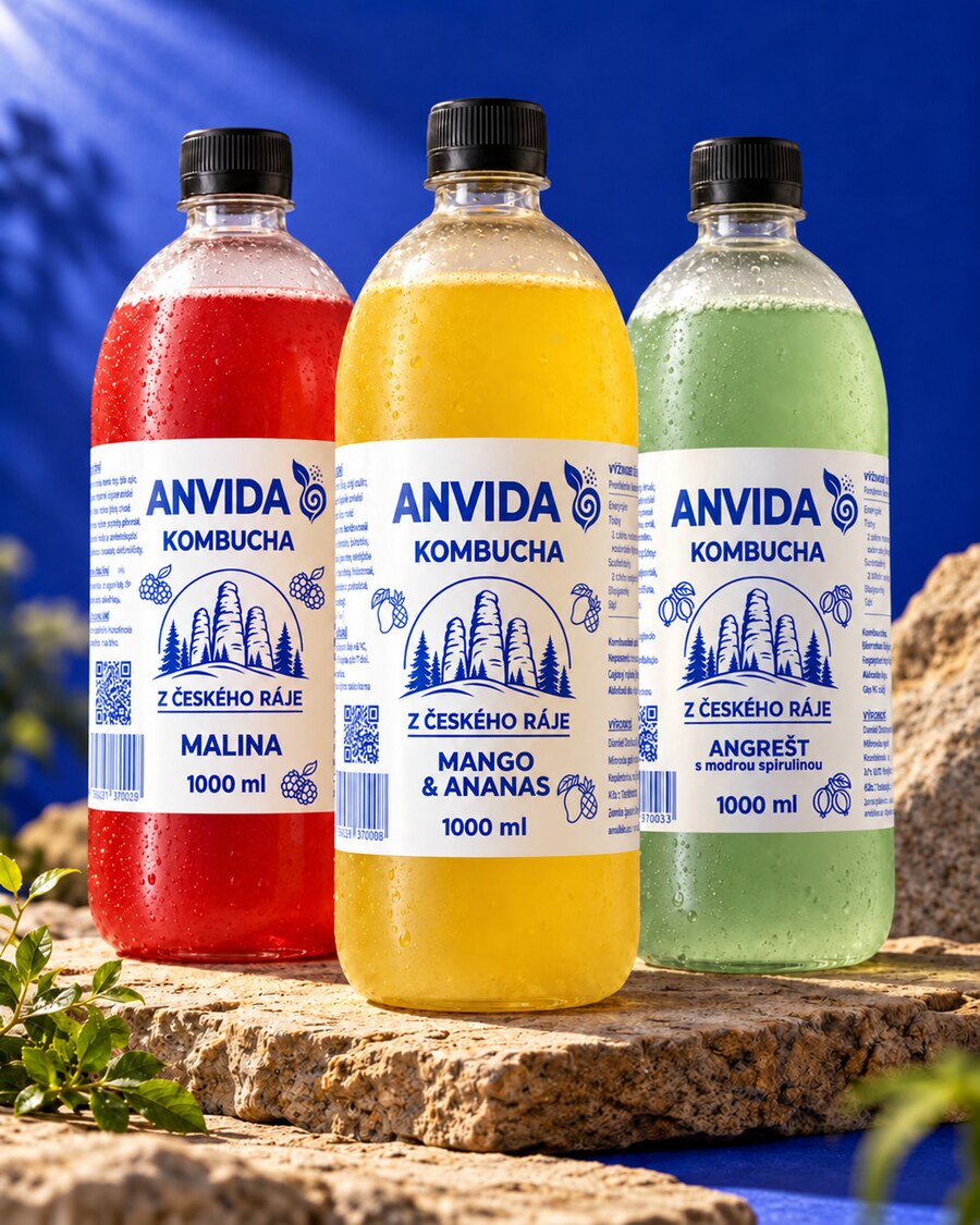 ANVIDA kombucha: Malina, Mango & Ananas a Angrešt s modrou spirulinou