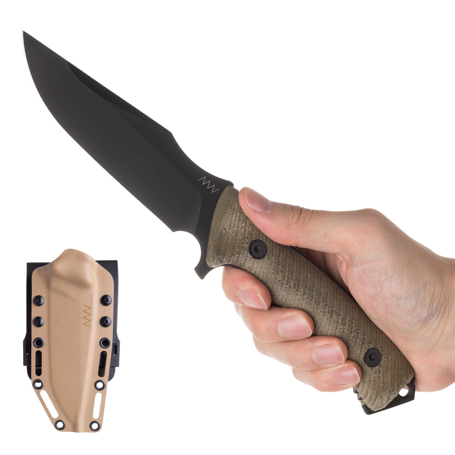 ACTA NON VERBA M311 Sheath: Kydex Coyote, Blade: Spelter - Elmax DLC Black, Handle: Micarta Olive