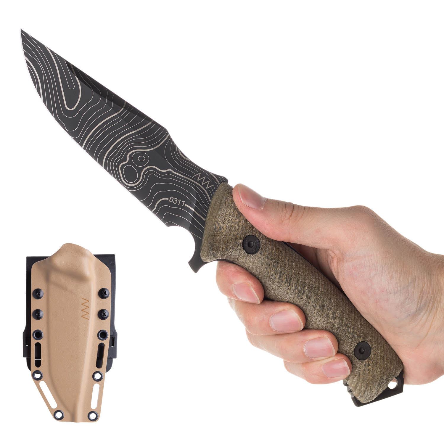 ACTA NON VERBA M311 Sheath: Kydex Coyote, Blade: Spelter - Elmax DLC Topo, Handle: Micarta Olive