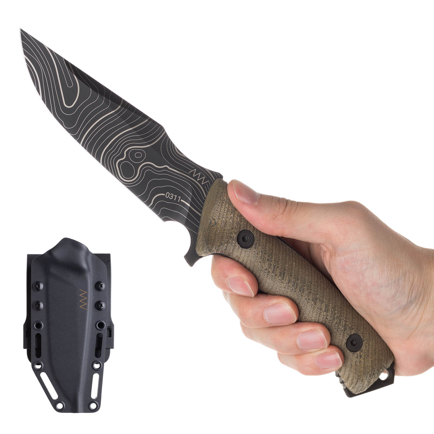 ACTA NON VERBA M311 Sheath: Kydex Black, Blade: Spelter - Elmax DLC Topo, Handle: Micarta Olive