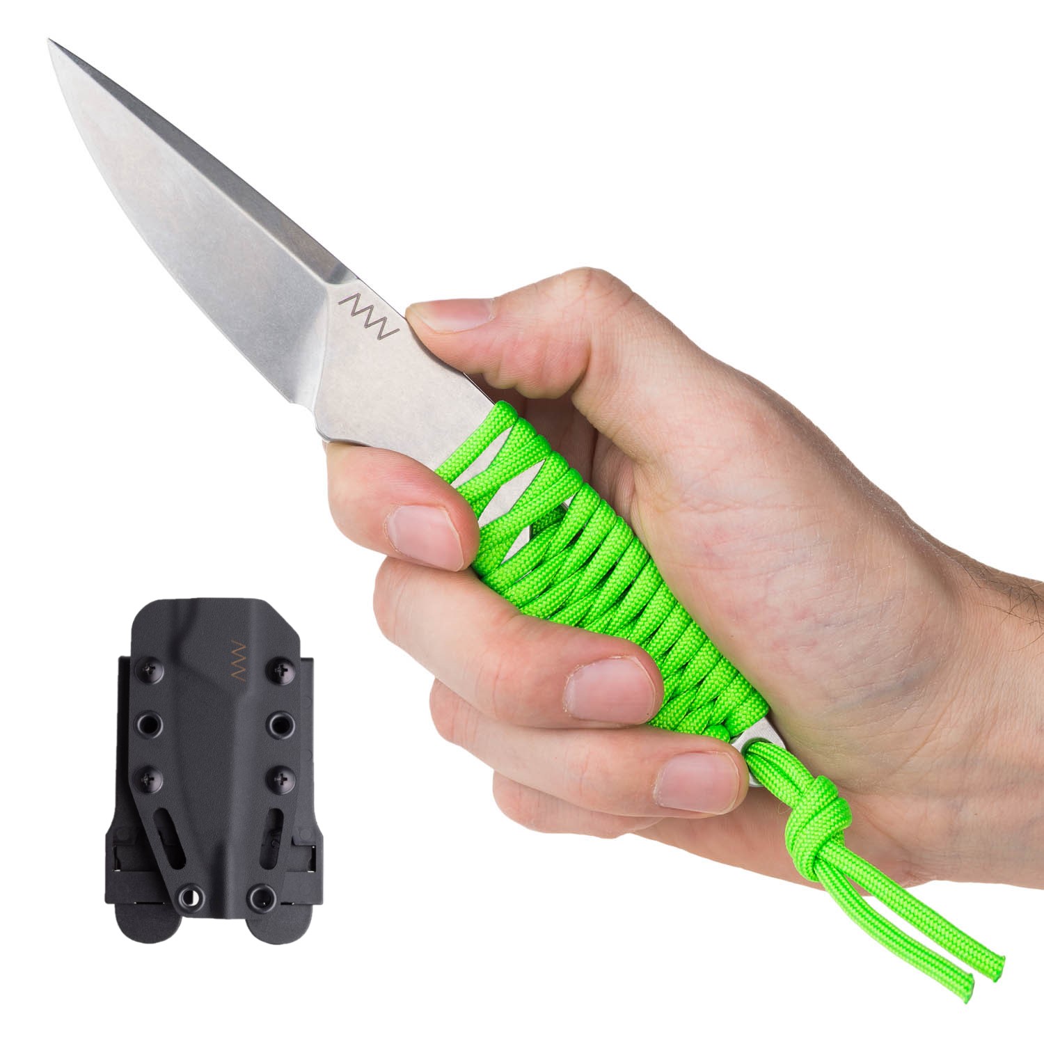 ACTA NON VERBA P100 Blade: Stonewash / Plain edge, Handle: Neon green paracord