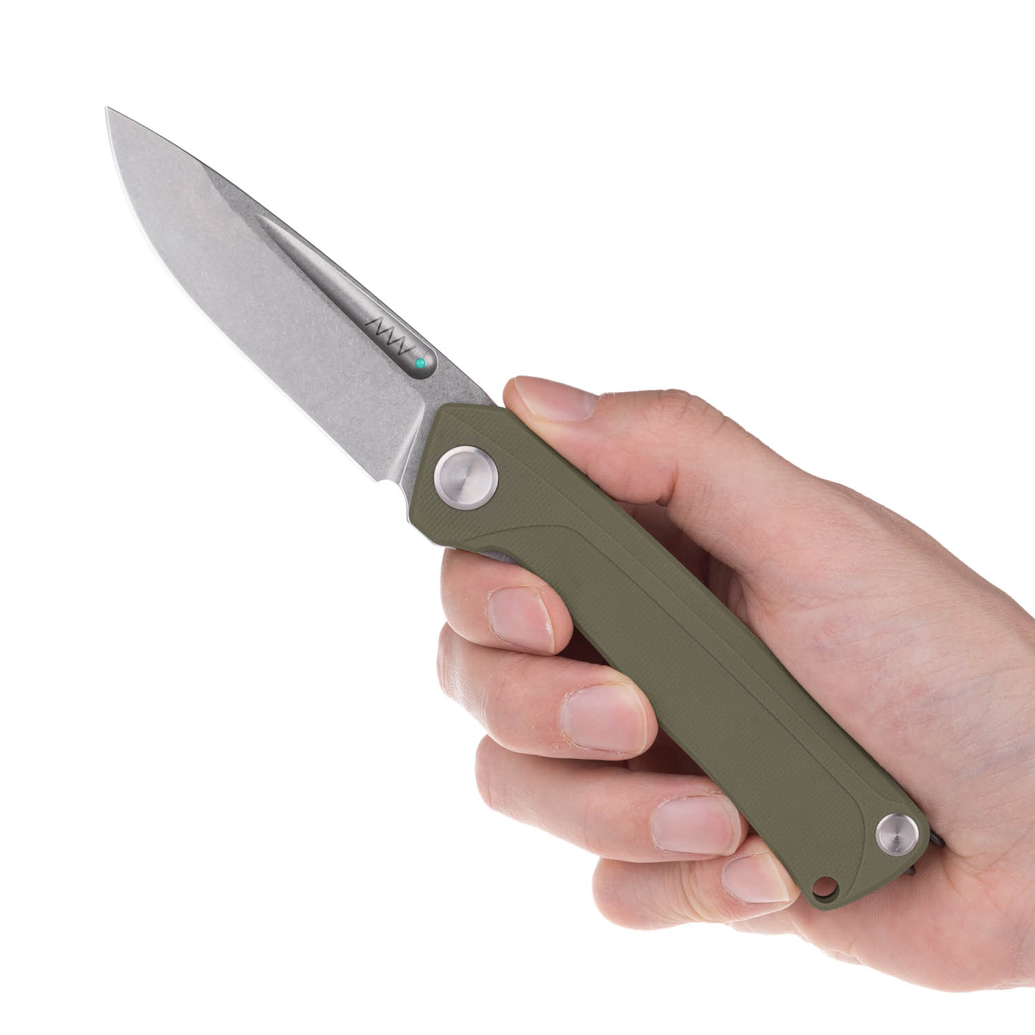 ACTA NON VERBA Z200 BB Blade: Stonewash / Plain edge, Handle and Lock: G10 Olive / Liner Lock