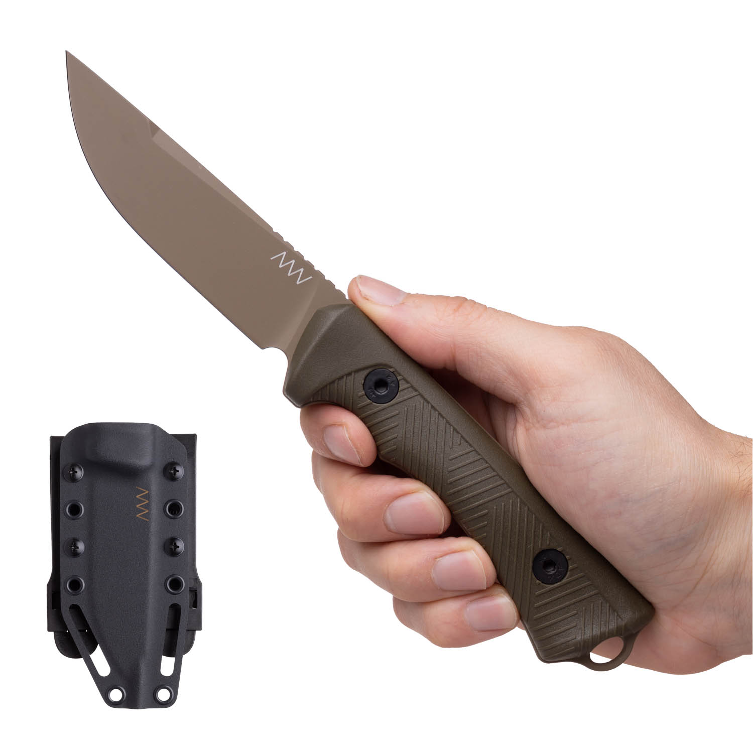 P200 Sheath: Kydex Black, Blade: Cerakote Coyote, Handle: GRNPU Olive