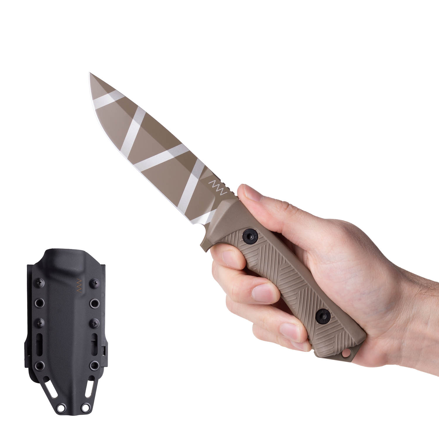 P250 Sheath: Kydex Black, Blade: Ceracote Coyote CAMO, Handle: GRNPU Coyote