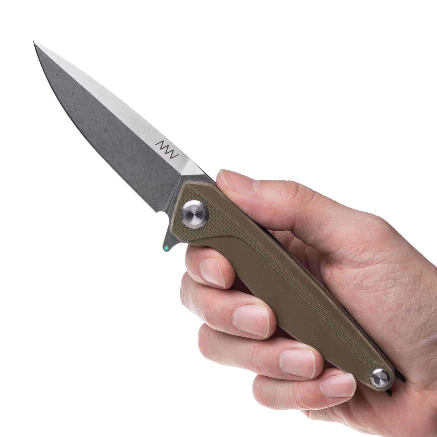 ACTA NON VERBA Z300 BB Blade: Stonewash / Plain edge, Handle and Lock: G10 Olive / Liner Lock