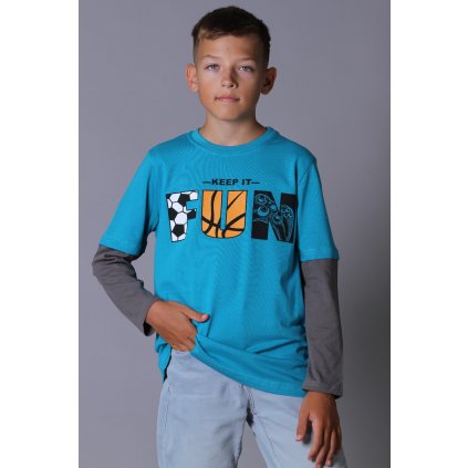 Chlapecké tričko dlouhý dělený rukáv FUN tmavý tyrkýs