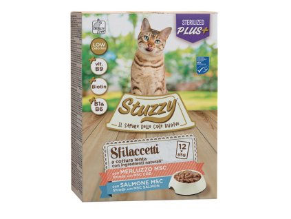 Stuzzy Cat Shreds Multipack Sterilized trhané mäso z tresky a lososa 12x85g