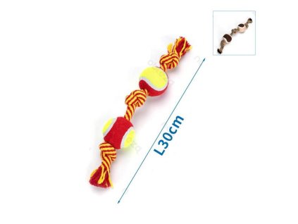 Bavlnené lano s 2 loptami - 30cm (červené/hnedé)