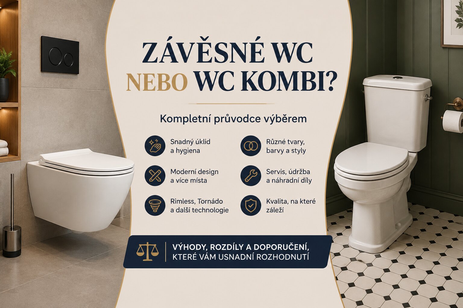 Závěsné WC, nebo WC kombi? Co vybrat a proč dnes ve většině koupelen vítězí závěsné WC