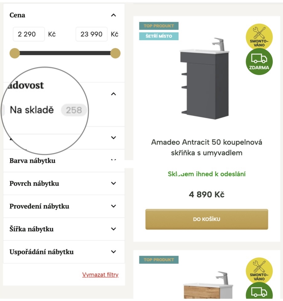Filtr Skladem v levém sloupci e-shopu Aplomo – pro rychlé zobrazení dostupných produktů