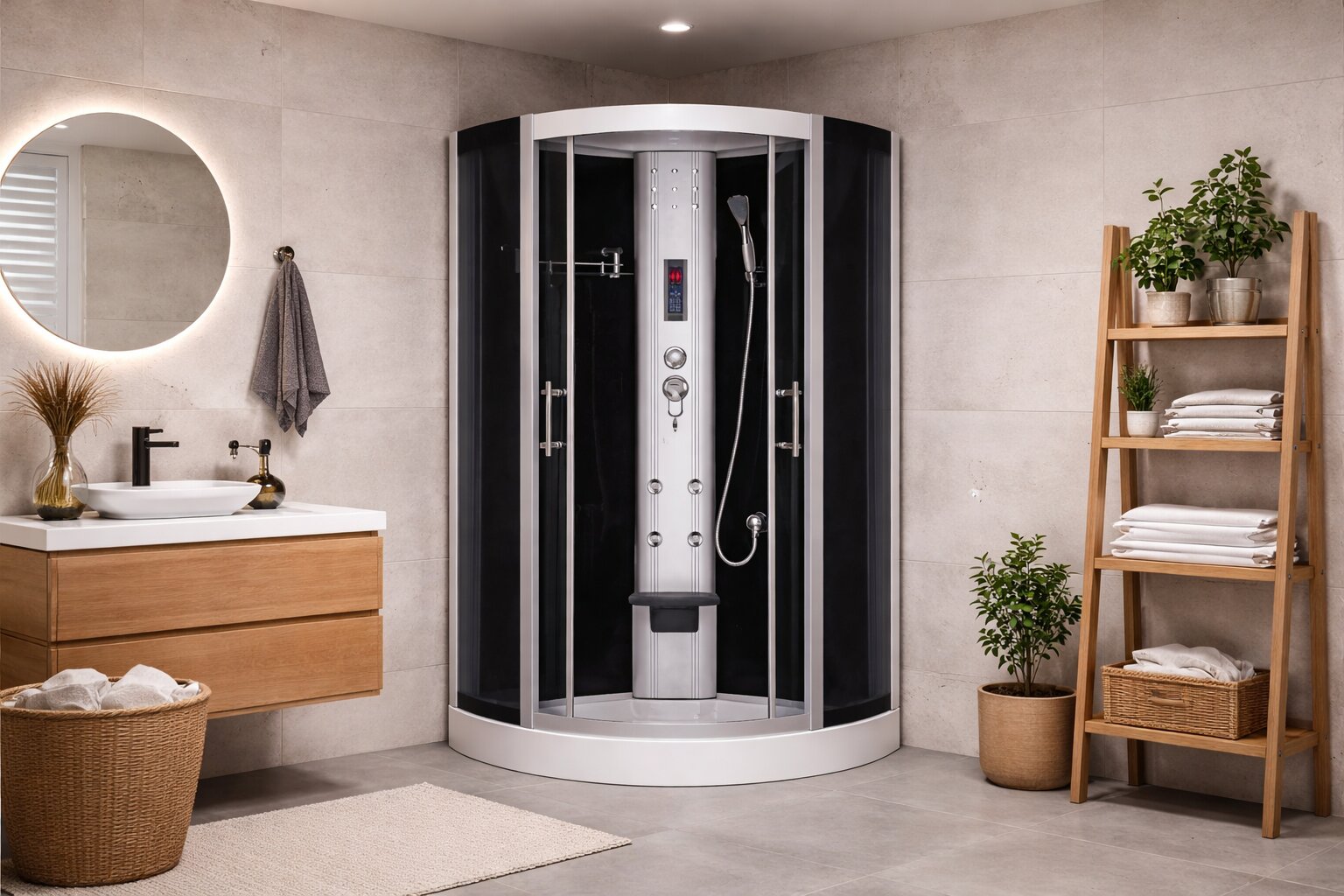 Masážní sprchový box s nízkou vaničkou v interiéru