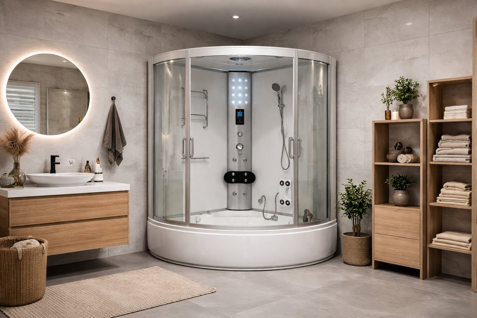 Designová koupelna s masážním sprchovým boxem