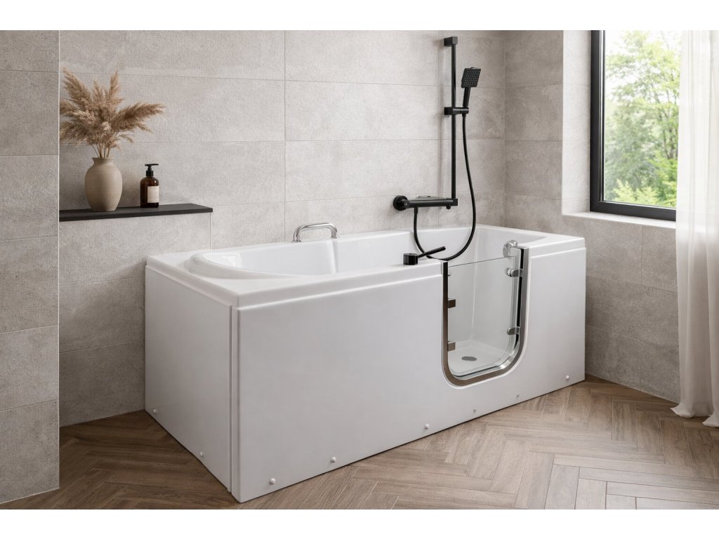 Bílá seniorská vana s prosklenými dvířky v moderní koupelně