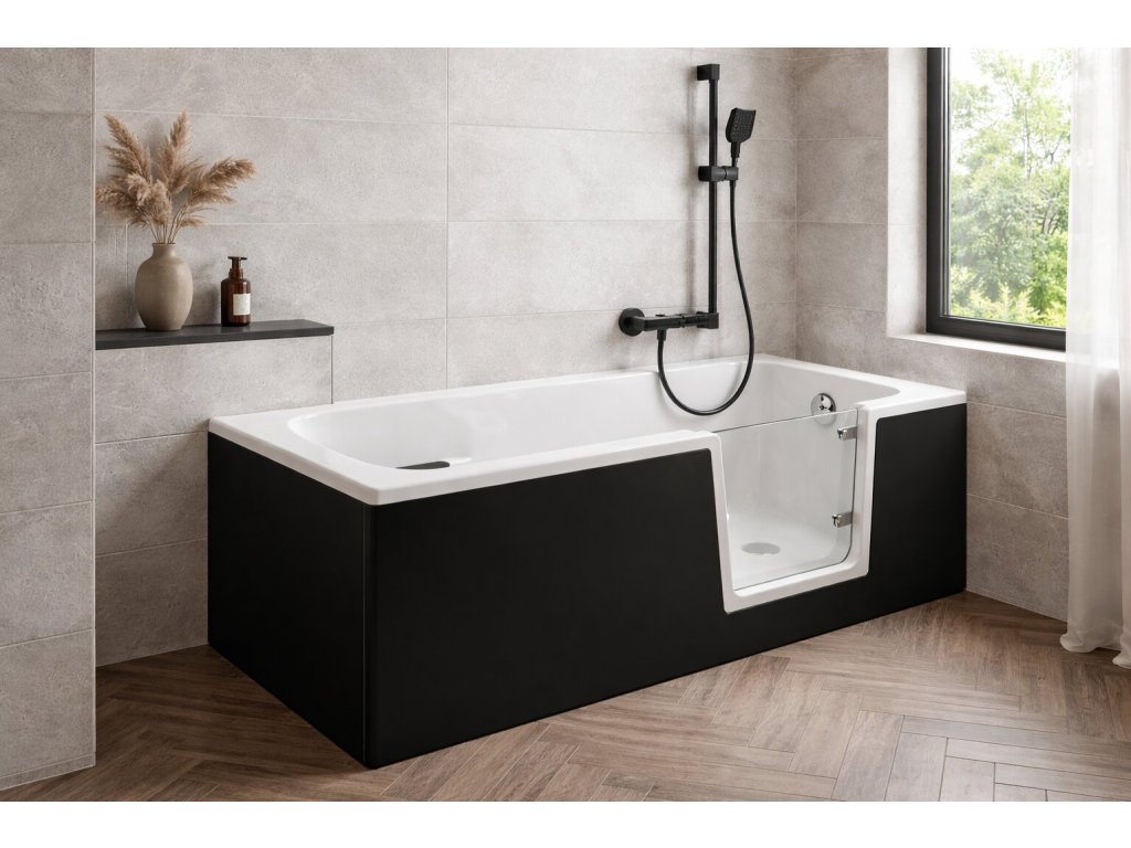 Černá seniorská vana s dvířky v designové koupelně