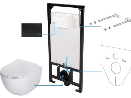 Peonia 6v1 white závesná WC súprava, čierné tlačítko