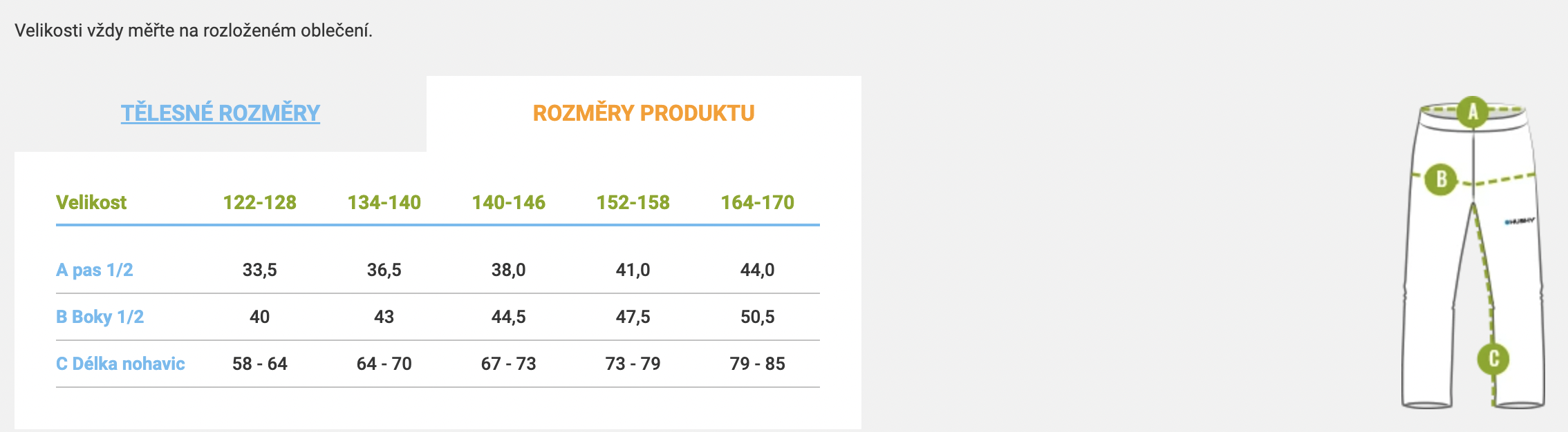 velikostni tabulka detskych kalhot Husky Gilep Kids