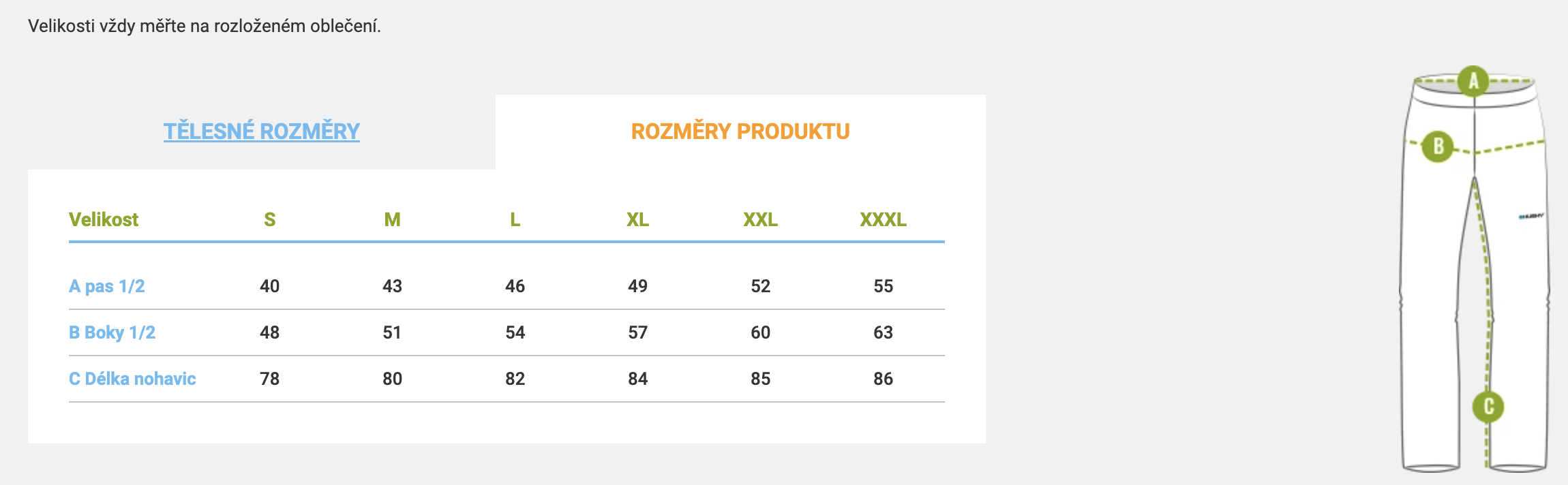 velikostni tabulka panskych kalhot Husky Koby_1
