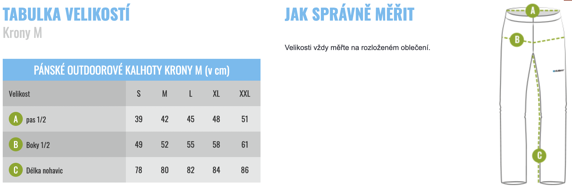 velikostni tabulka panskych kalhot Husky Krony